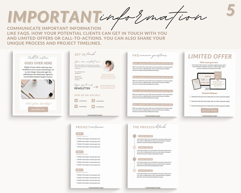 May include: A beige and white infographic with the title "IMPORTANT information" and the text "COMMUNICATE IMPORTANT INFORMATION LIKE FAQS, HOW YOUR POTENTIAL CLIENTS CAN GET IN TOUCH WITH YOU AND LIMITED OFFERS OR CALL-TO-ACTIONS. YOU CAN ALSO SHARE YOUR UNIQUE PROCESS AND PROJECT TIMELINES." The infographic is divided into five sections: "Call to action", "GET IN", "FAQ", "LIMITED OFFER", "PROJECT", and "THE PROCESS".