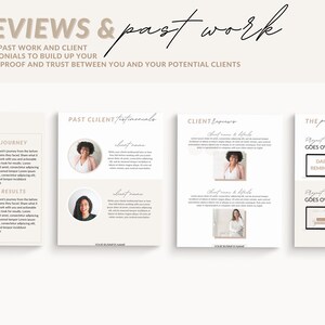 May include: A beige and white template for social media posts with the text "REVIEWS & past work" and "SHARE PAST WORK AND CLIENT TESTIMONIALS TO BUILD UP YOUR SOCIAL PROOF AND TRUST BETWEEN YOU AND YOUR POTENTIAL CLIENTS". The template includes sections for "THE JOURNEY", "THE RESULTS", "PAST CLIENT Testimonials", "CLIENT Reviews", and "THE portfolio".