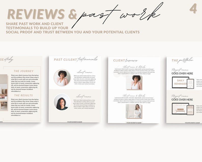 May include: A beige and white template for social media posts with the text "REVIEWS & past work" and "SHARE PAST WORK AND CLIENT TESTIMONIALS TO BUILD UP YOUR SOCIAL PROOF AND TRUST BETWEEN YOU AND YOUR POTENTIAL CLIENTS". The template includes sections for "THE JOURNEY", "THE RESULTS", "PAST CLIENT Testimonials", "CLIENT Reviews", and "THE portfolio".