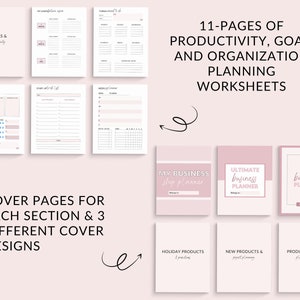 May include: A pink and white printable business planner with 11 pages of worksheets for productivity, goal setting, and organization. The planner has three different cover designs with the text "My Business Shop Planner", "Ultimate Business Planner", and "My Business Planner".