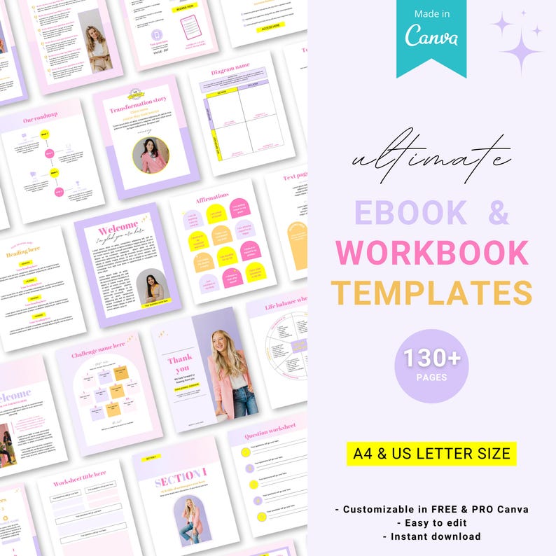 May include: A collection of 130+ ebook and workbook templates in A4 and US letter size. The templates are customizable in Canva and feature a pink and yellow color scheme. The text on the image reads "ultimate ebook & workbook templates 130+ pages A4 & US letter size customizable in FREE & PRO Canva easy to edit instant download".