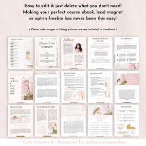 May include: A pink and gold digital course ebook template with a floral design. The template includes a table of contents, welcome page, mission and vision statement, project proposal, our program, chapter 1, heading here, page title goes here, your checklist title goes here, and infographic.