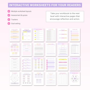May include: A collection of 20 printable worksheets for readers. The worksheets are designed to be interactive and include various layouts, such as assessment quizzes, trackers, and goal setting. The worksheets are in a light pink and yellow color scheme.