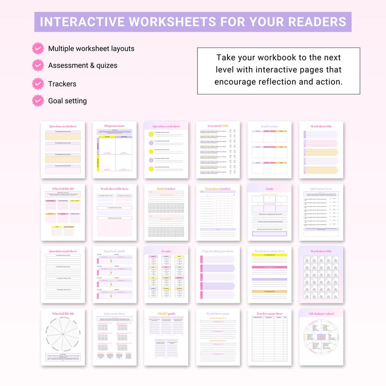 May include: A collection of 20 printable worksheets for readers. The worksheets are designed to be interactive and include various layouts, such as assessment quizzes, trackers, and goal setting. The worksheets are in a light pink and yellow color scheme.