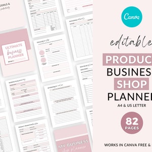 May include: A pink and white printable business planner for product-based businesses. The planner includes 82 pages and is designed to be used with Canva. The text on the cover reads "Ultimate Business Planner" and "Works in Canva Free & Pro".