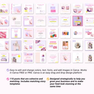 Puede incluir: Una colecci&oacute;n de 110 plantillas de publicaciones para redes sociales dise&ntilde;adas para usar con Canva. Las plantillas presentan un esquema de color rosa y amarillo con una variedad de dise&ntilde;os, que incluyen cuadros de texto, im&aacute;genes y gr&aacute;ficos. Las plantillas est&aacute;n dise&ntilde;adas para ayudar a las empresas a aumentar su presencia en las redes sociales y crear una est&eacute;tica de marca coherente.