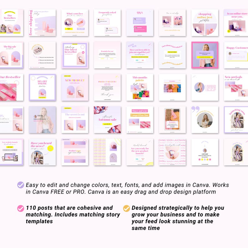 Puede incluir: Una colecci&oacute;n de 110 plantillas de publicaciones para redes sociales dise&ntilde;adas para usar con Canva. Las plantillas presentan un esquema de color rosa y amarillo con una variedad de dise&ntilde;os, que incluyen cuadros de texto, im&aacute;genes y gr&aacute;ficos. Las plantillas est&aacute;n dise&ntilde;adas para ayudar a las empresas a aumentar su presencia en las redes sociales y crear una est&eacute;tica de marca coherente.