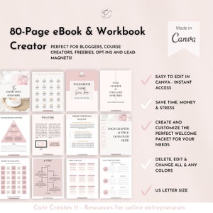 May include: A pink and white 80-page eBook and workbook template with the text "80-Page eBook & Workbook Creator" and "Made in Canva". The template is designed for bloggers, course creators, freebies, opt-ins, and lead magnets. The template is easy to edit in Canva and includes a table of contents, welcome page, project proposal heading, 4-step plan, and goal vision heading.