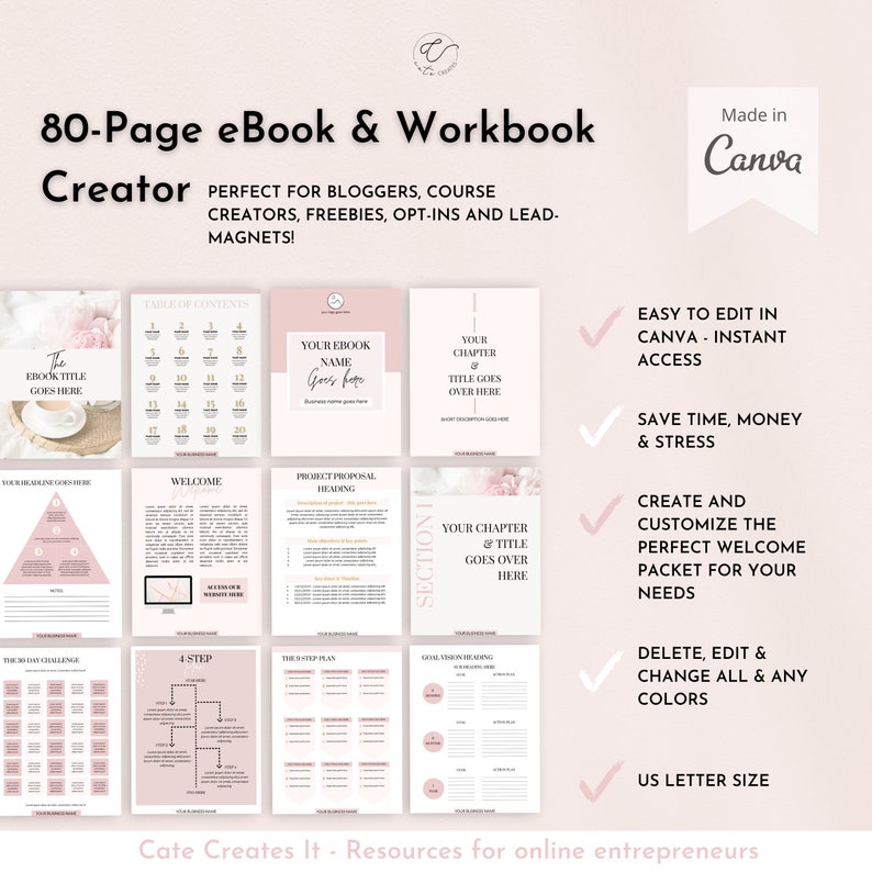 May include: A pink and white 80-page eBook and workbook template with the text "80-Page eBook & Workbook Creator" and "Made in Canva". The template is designed for bloggers, course creators, freebies, opt-ins, and lead magnets. The template is easy to edit in Canva and includes a table of contents, welcome page, project proposal heading, 4-step plan, and goal vision heading.