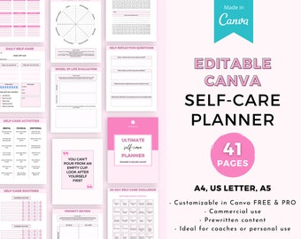 Self-care Canva planner templates, Self-care coach workbook, self-love templates, Canva planner templates, Editable Canva planner