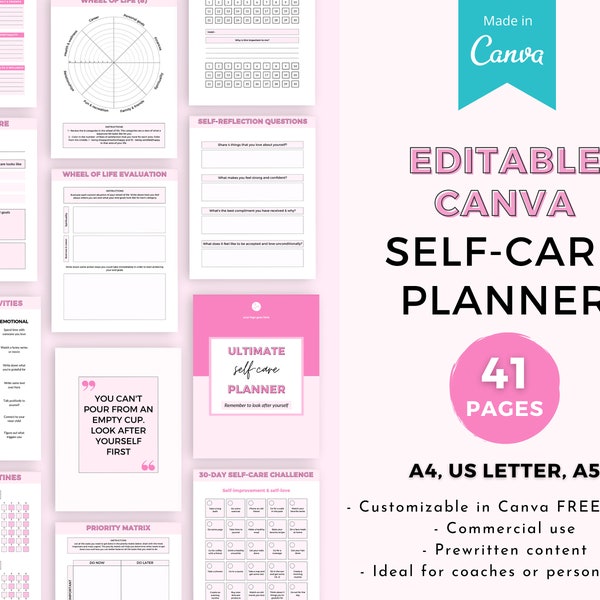 Self-care Canva planner templates, Self-care coach workbook, self-love templates, Canva planner templates, Editable Canva planner