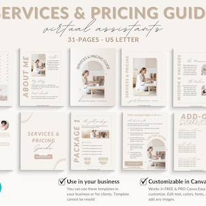 May include: A digital marketing services and pricing guide for virtual assistants. The guide is 31 pages long and includes a variety of services, including social media management, email marketing, and website design. The guide is designed to be used by virtual assistants to help them market their services to potential clients.