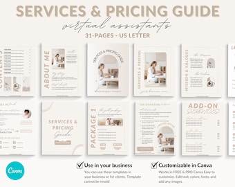 Virtual assistant services and pricing template, pricing guide, price list, services template, virtual assistant templates, Welcome packet