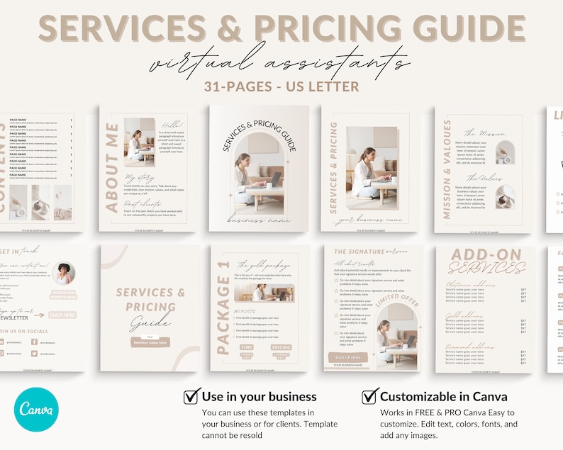 May include: A digital marketing services and pricing guide for virtual assistants. The guide is 31 pages long and includes a variety of services, including social media management, email marketing, and website design. The guide is designed to be used by virtual assistants to help them market their services to potential clients.