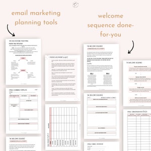 May include: A set of printable worksheets for email marketing planning. The worksheets include tips on choosing an email marketing provider, a freebie lead magnet checklist, an email planning template, and a welcome sequence guide. The worksheets are designed in a pink and white color scheme with a floral pattern.
