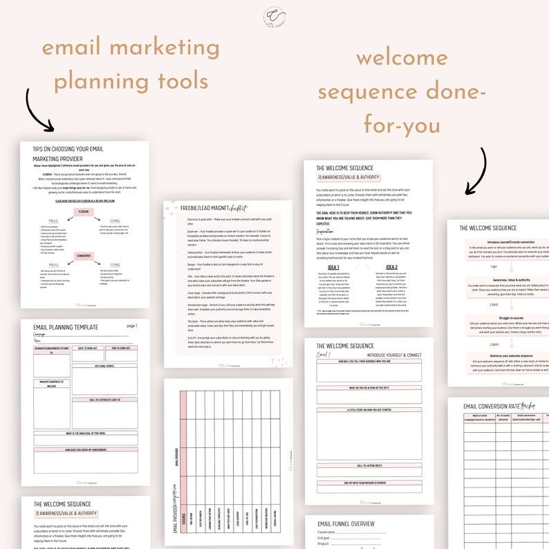 May include: A set of printable worksheets for email marketing planning. The worksheets include tips on choosing an email marketing provider, a freebie lead magnet checklist, an email planning template, and a welcome sequence guide. The worksheets are designed in a pink and white color scheme with a floral pattern.