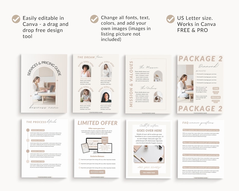 May include: A digital marketing services and pricing guide template with a beige and brown color scheme. The template includes sections for services, pricing, the process, a limited offer, a call to action, and frequently asked questions. The template is designed to be easily edited in Canva.