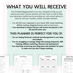 May include: A printable blogging planner with a pink and green color scheme. The planner includes sections for daily goals, post planning, and analyzing competition. The text "WHAT YOU WILL RECEIVE" and "THIS PLANNER IS PERFECT FOR YOU IF:" is included in the image.