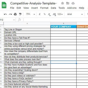 Competitor Analysis Excel Template Digital Download