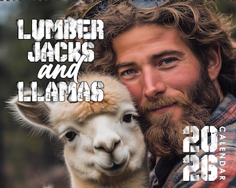 Lumberjacks and llamas Funny Wall Calendar 2026, White Elephant Gift, Planner for Adults, Unique Office Decor, Rustic Home Accent