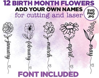 Birth month flowers name SVG, Flower bouquet svg, Birth sign svg, Family name sign svg laser,  Botanical Birth Flower PNG Instant Download