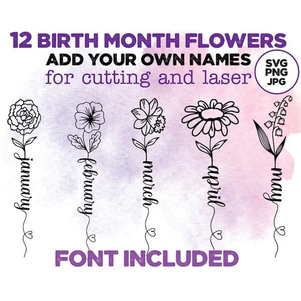 Nom de fleurs de mois de naissance SVG, svg bouquet de fleurs, signe svg de naissance, nom de famille signe svg laser, fleur de naissance botanique PNG Instant Download