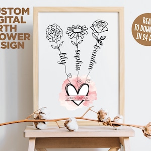 Impression de fleur de naissance personnalisée, jardin de grand-mère, cadeau d'anniversaire personnalisé pour maman, cadeau de fleur de naissance, nom de fleur de naissance pour les petits-enfants