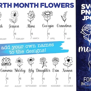 Pacote Svg de moldura de flor do mês de nascimento, laser Svg de flor do mês de nascimento, pacote de flores do mês de nascimento png, sinal svg de flor do mês de nascimento com nome