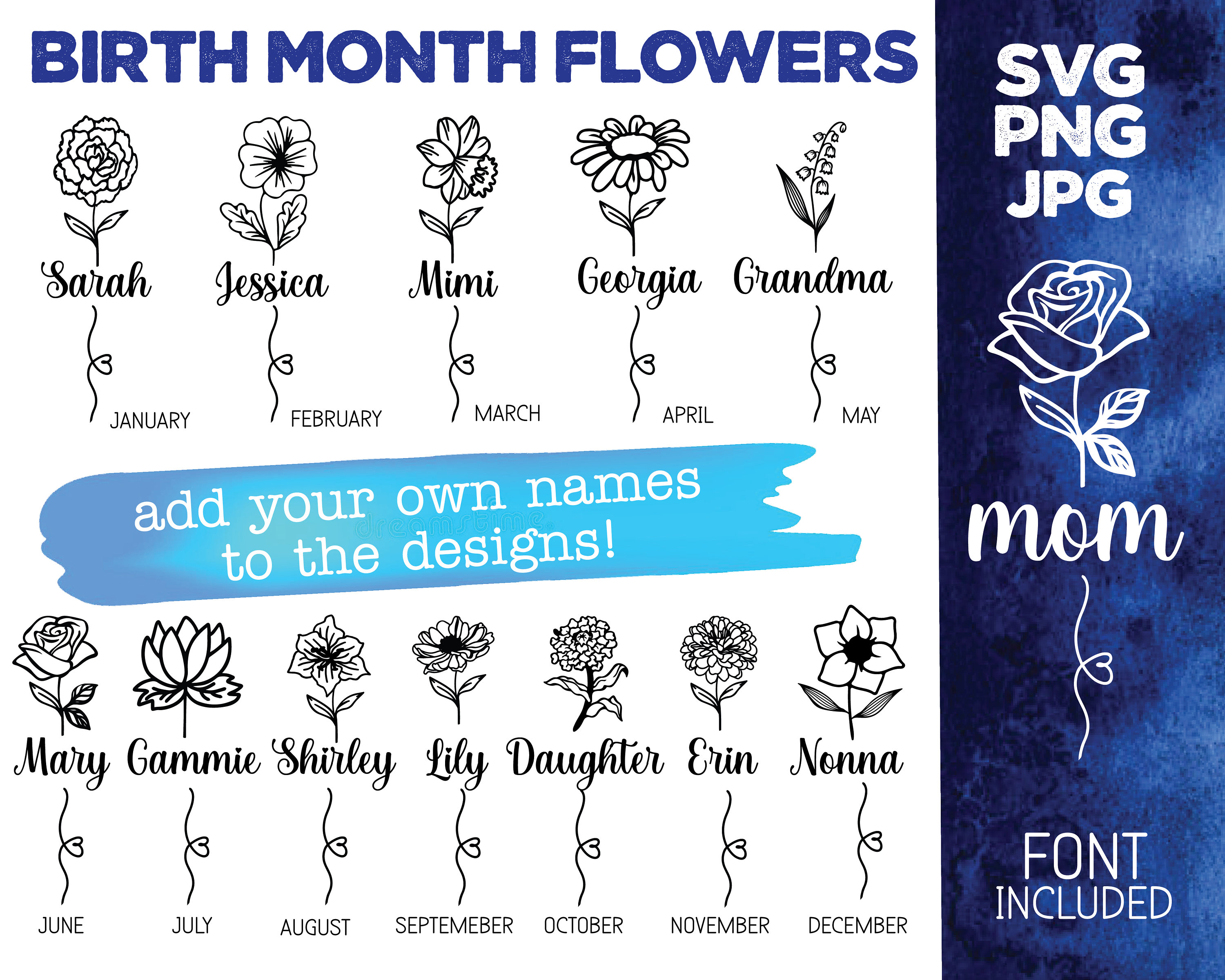 Birth Month Flower Frame Svg Bundle, Birth Month Flower Svg laser, birth month flower bundle png, birth month flower svg sign with name