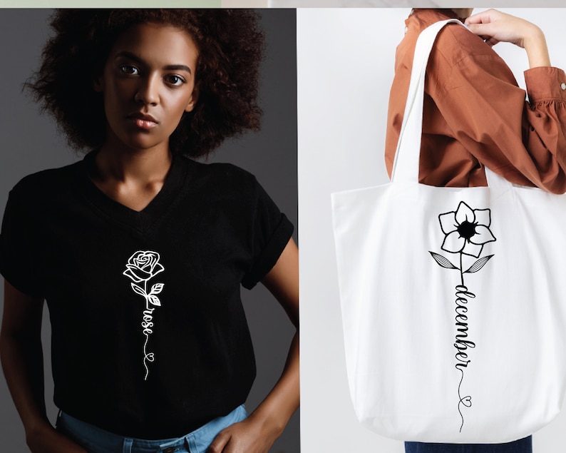May include: A black t-shirt with a white outline of a rose and the word "rose" written vertically along the stem. A white tote bag with a black outline of a flower and the word "december" written vertically along the stem.