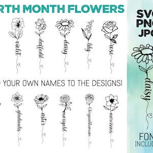 Geboortemaand bloem SVG | Geboortemaand bloemen clipart | Familienaam teken Svg | Botanische illustraties | Geboorteteken SVG | Verjaardag SVG