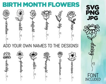 Fleur de mois de naissance SVG | Fleurs du mois de naissance des cliparts | Nom de famille Svg | Clipart botanique | Signe de naissance Svg | Anniversaire Svg