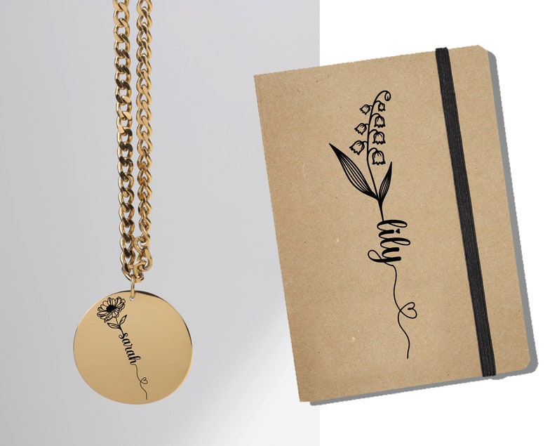 May include: Gold chain necklace with a round pendant featuring a delicate floral design and the name "Sarah" engraved on it. The pendant is shown next to a notebook with a black and white illustration of a lily flower and the word "Lily" written in cursive.