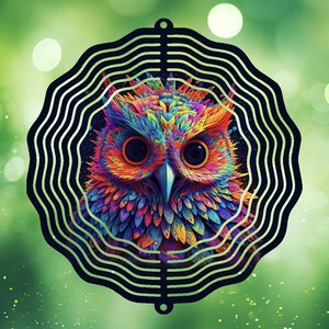 Modelo de design de sublimação em aquarela de coruja psicodélica Wind Spinner, Wind Spinner SVG, sublimação redonda de 10 polegadas, giradores redondos pendurados png