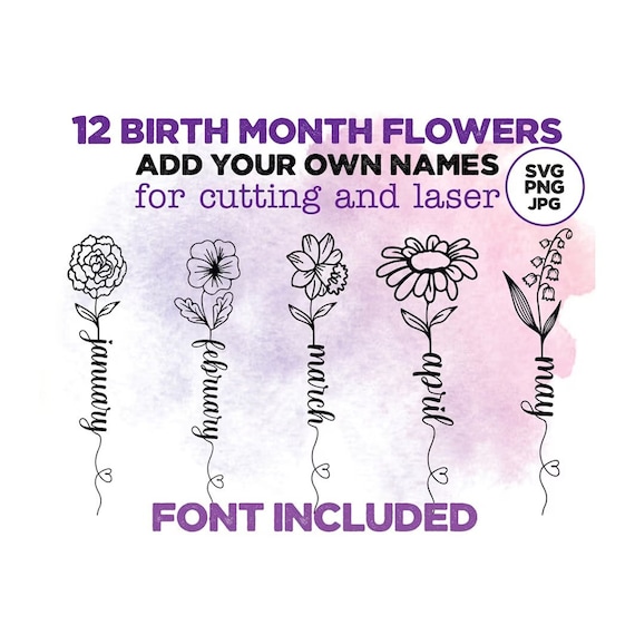 Birth month flowers name SVG, Flower bouquet svg, Birth sign svg, Family name sign svg laser,  Botanical Birth Flower PNG Instant Download
