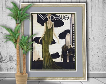 Handmade Autumn Lady with Coat Vintage French Vogue Inspired Cross Stitch Frame Vogue Cover Stitch Cross