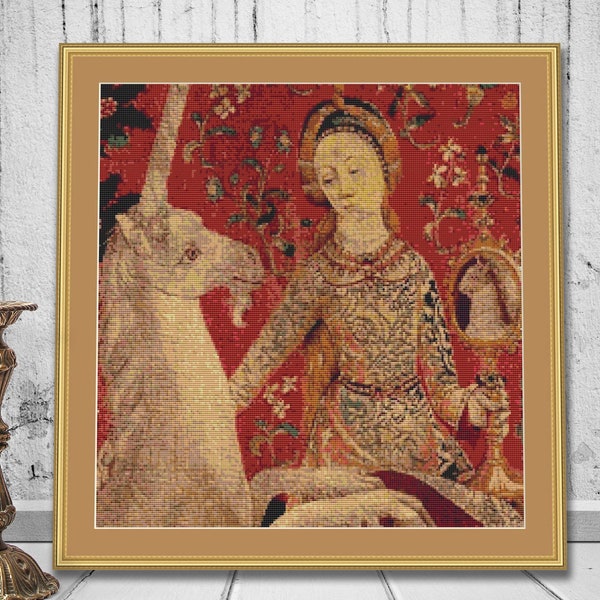 Medieval Tapestry Woman with Unicorn  Cross Stitch PDF Digital down Load 463