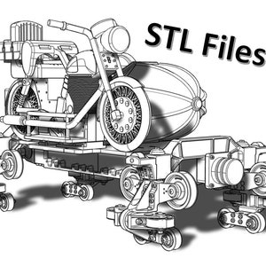 Puede incluir: Un dibujo en blanco y negro de una motocicleta con un sidecar unido a una plataforma con ruedas. La plataforma tiene seis ruedas y el texto "STL Files" está escrito en la esquina superior derecha de la imagen.