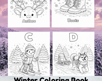 Winter Alphabet Coloring Book A–Z | 26 Pages | Kids Winter Activity Printables | Snow, Mittens, Reindeer | Digital Download PDF