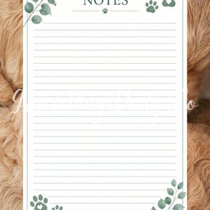 Printable pet sitter notes page featuring lined writing space, eucalyptus leaves, paw prints, and a clean pet care planner layout for additional instructions.