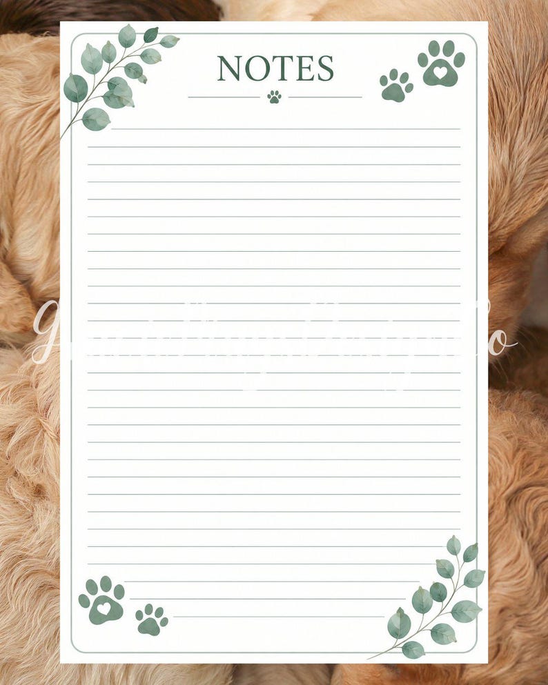 Printable pet sitter notes page featuring lined writing space, eucalyptus leaves, paw prints, and a clean pet care planner layout for additional instructions.