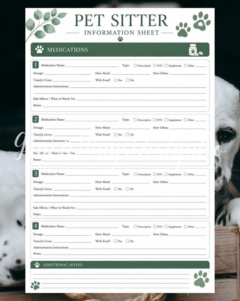 Pet medication tracker printable with space for medication names, dosages, administration instructions, side effects, notes, and pet care records in eucalyptus green design.
