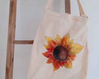 Handpainted Sunflower Reusable Farmer's Market Tote Reversible Design Custom Ecofriendly Cotton Shopping Grocery Crafts Shoulder Bag LG