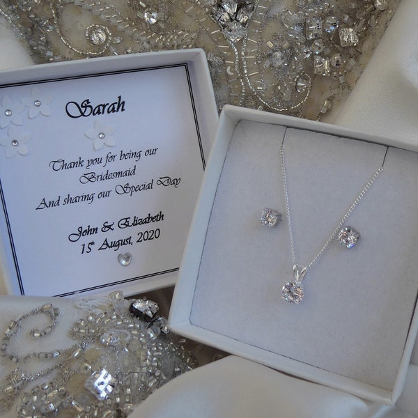 Bridesmaid Gift Jewellery 925 Sterling Silver Pendant Brilliant Cut single CZ Pendant and Earrings Choice of Chain Length Gift Boxed