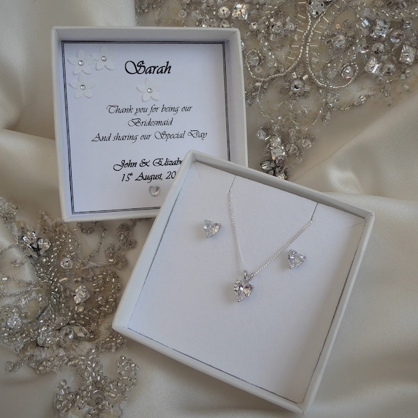 bridesmaid gift jewellery sterling silver brilliant cut cz heart pendant and earrings personalised gift box Adjustable sterling silver chain