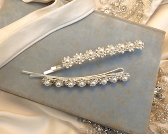 Crystal Pearl Bridal Hair Slides, Silver Wedding Hair Jewellery (Set of 2)