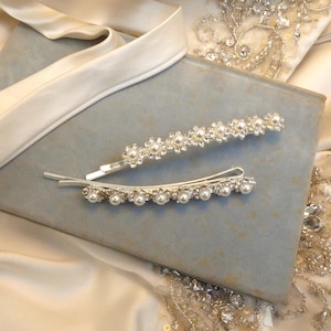 Bridesmaid Hair Slide silver Diamante Crystal Pearl x 2 Wedding Prom Formal  Crystal Flowers with Ivory Pearl centre Wedding Hair Jewellery