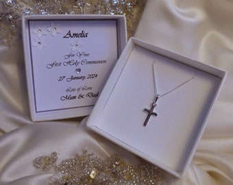 first holy communion, christening, confirmation personalised gift solid 925 sterling silver cross pendant choice of chain length boy girl