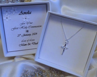 first holy communion, christening, confirmation personalised gift solid 925 sterling silver crucifix pendant choice of chain length boy girl