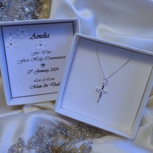 first holy communion, christening, confirmation personalised gift solid 925 sterling silver crucifix pendant choice of chain length boy girl